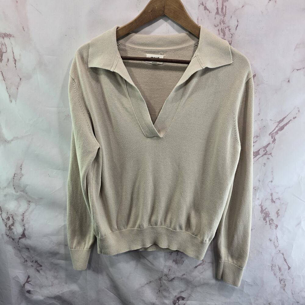 Pact Sweater Womens XS Beige Polo Organic Cotton V Neck Collared Fine Knit